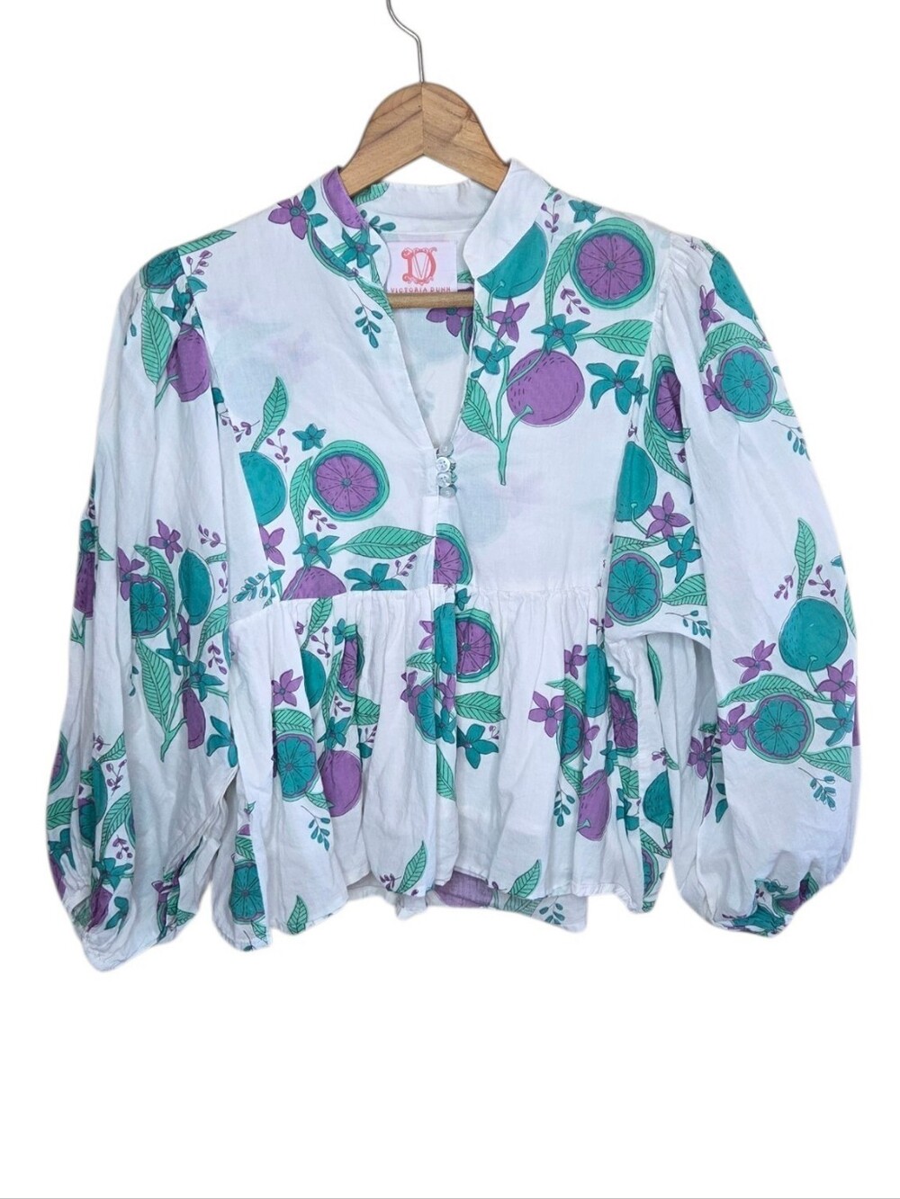 Victoria Dunn White Green Purple Long Sleeve Blouse Citrus Block Print Size XS